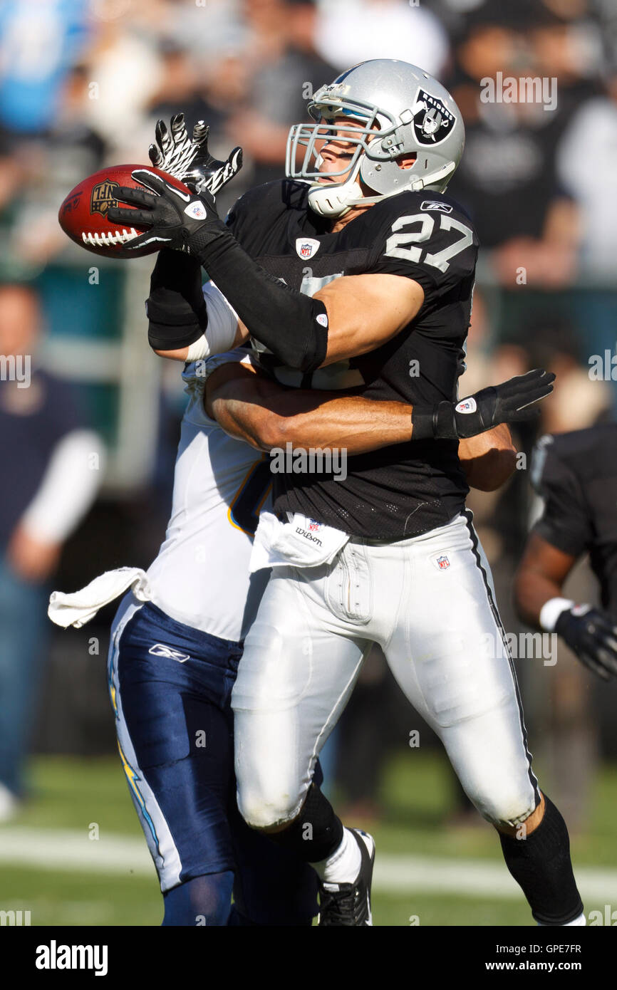 Jan 1, 2012; Oakland, CA, USA; Oakland Raiders free safety Matt Giordano  (27) yells before a