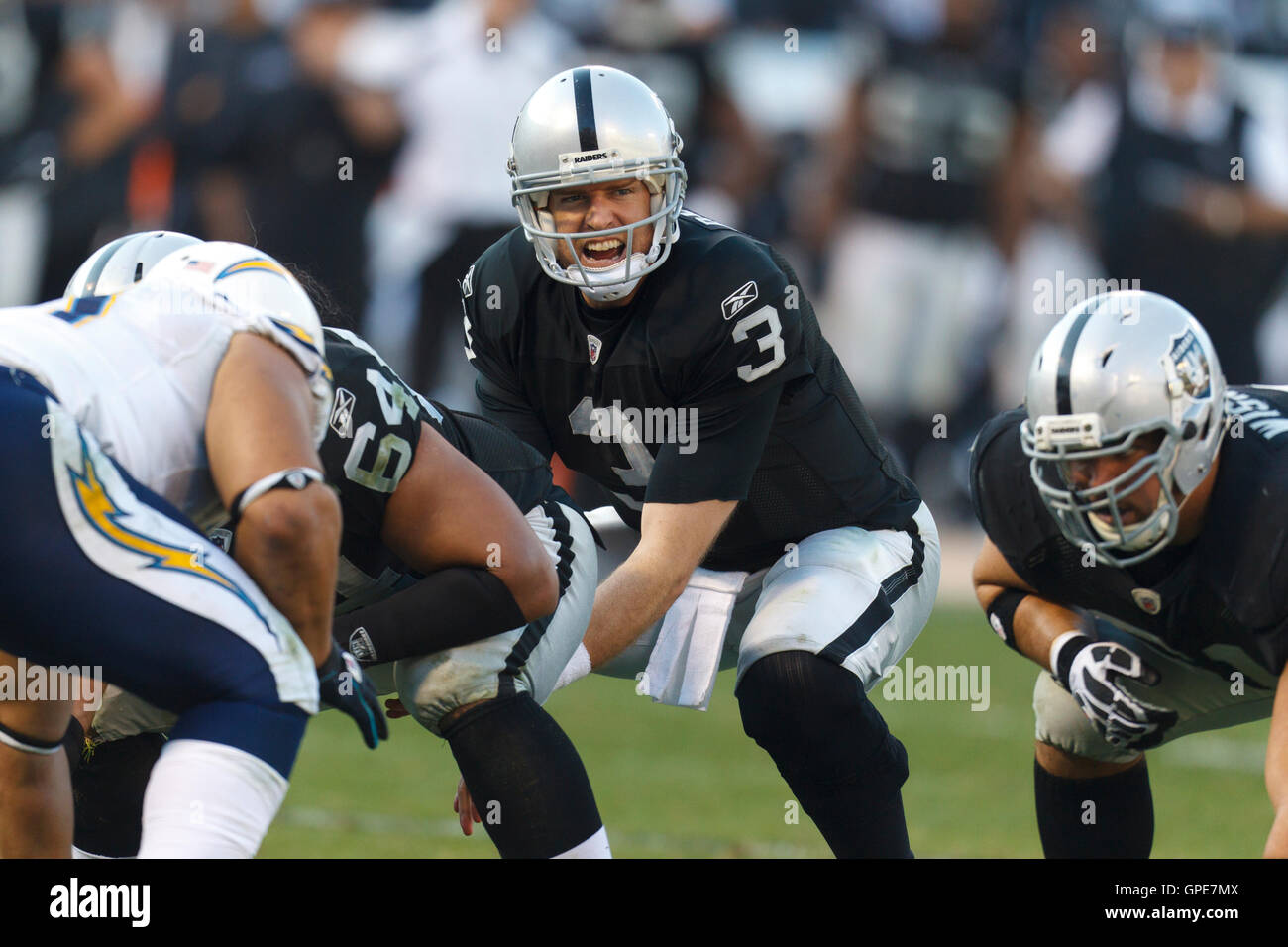 Jan 1, 2012; Oakland, CA, USA; Oakland Raiders quarterback Carson Palmer  (3) warms up before the game against the San Diego Chargers at O.co  Coliseum Stock Photo - Alamy