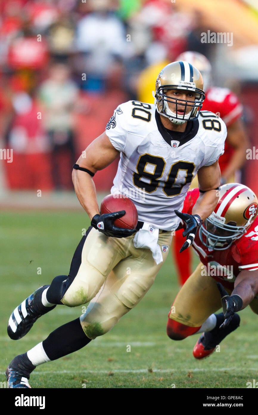 Jan 14, 2012; San Francisco, CA, USA; New Orleans Saints tight end Jimmy Graham (80) rushes past San Francisco 49ers inside linebacker NaVorro Bowman (53) during the third quarter of the 2011 NFC divisional playoff game at Candlestick Park. San Francisco Stock Photo