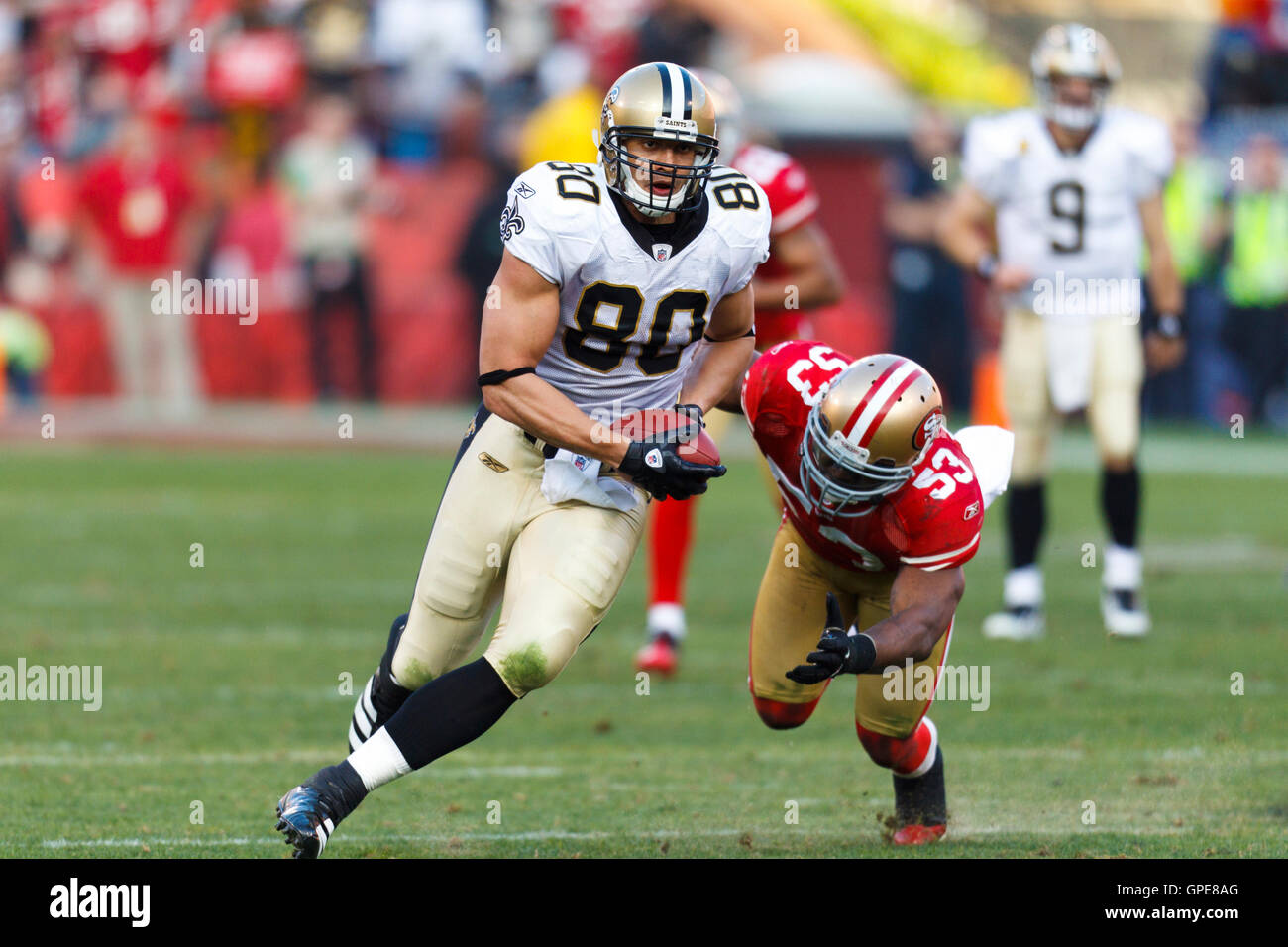 Jan 14, 2012; San Francisco, CA, USA; New Orleans Saints tight end Jimmy Graham (80) rushes past San Francisco 49ers inside linebacker NaVorro Bowman (53) during the third quarter of the 2011 NFC divisional playoff game at Candlestick Park. San Francisco Stock Photo