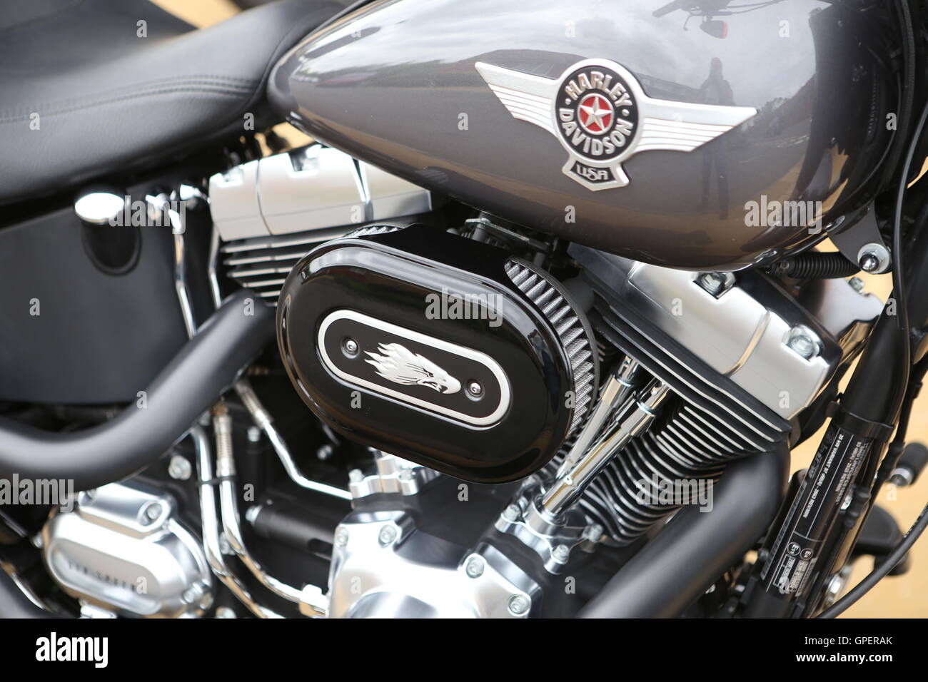 Harley Davidson Motorbike Close up of V Twin Engine Stock Photo