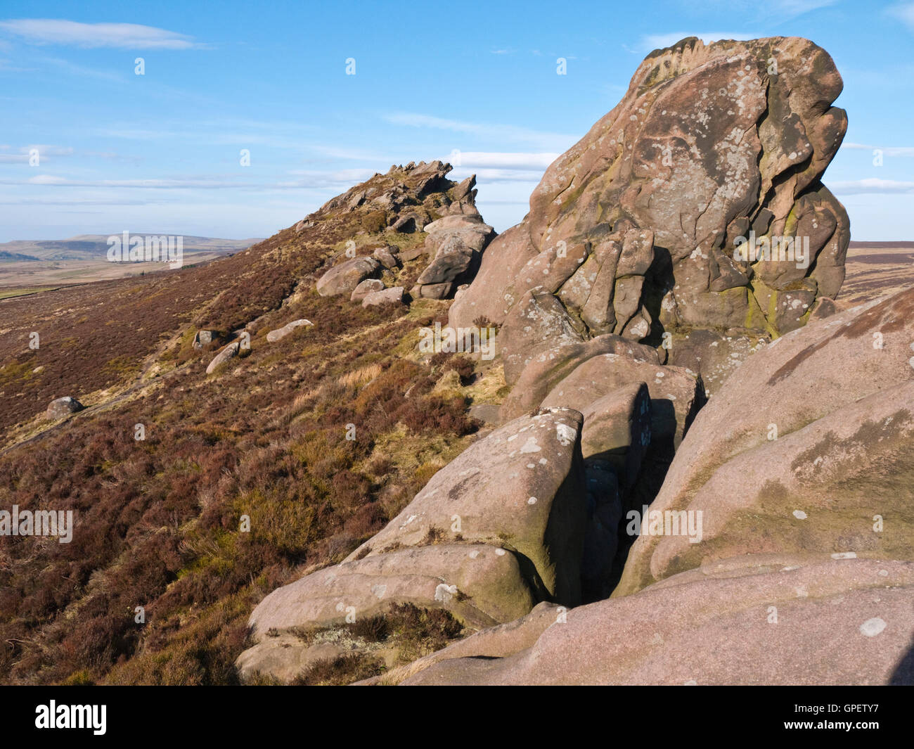 Ramshaw Rocks - a gritstone ridge overlooking the A53 between Leek & Buxton in the Peak District National Park, Staffordshire Stock Photo