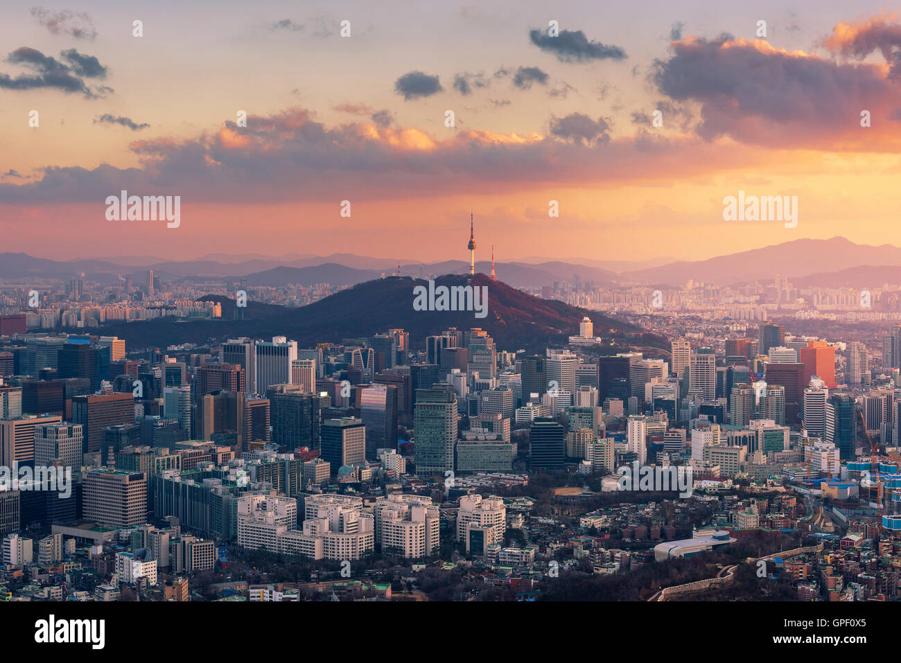 Sunset at Seoul City Skyline,South Korea. Stock Photo