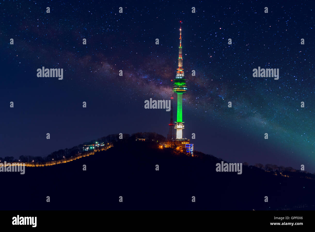 Seoul tower and Milky Way  in Seoul, South Korea Stock Photo