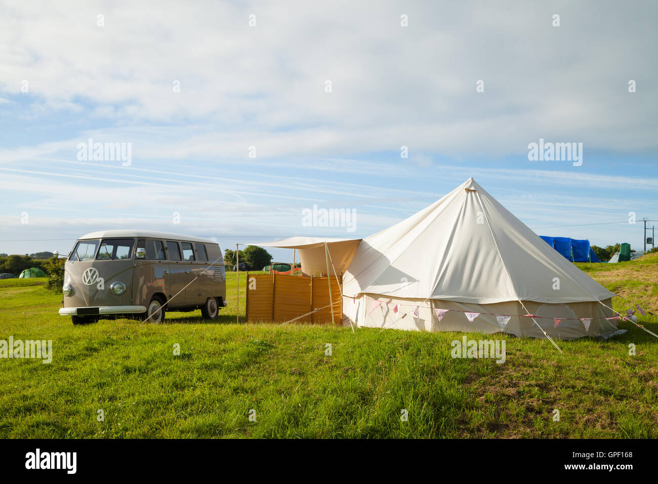 A VW Camper Van and tent in an English campsite. Stock Photo