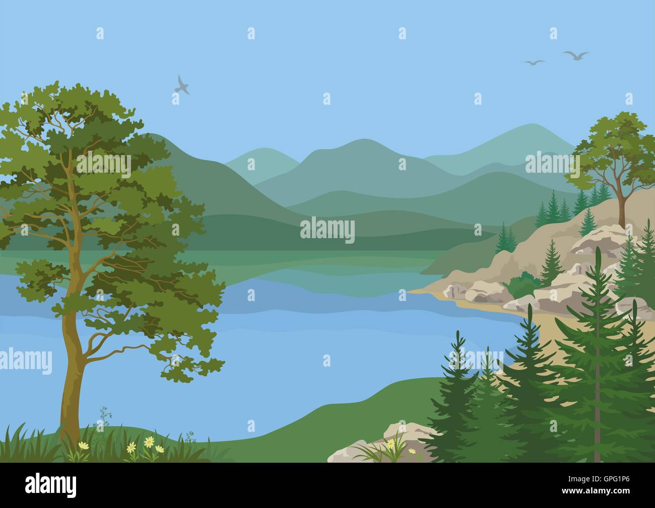 Landscape with Trees and Mountain Lake Stock Vector Image & Art - Alamy