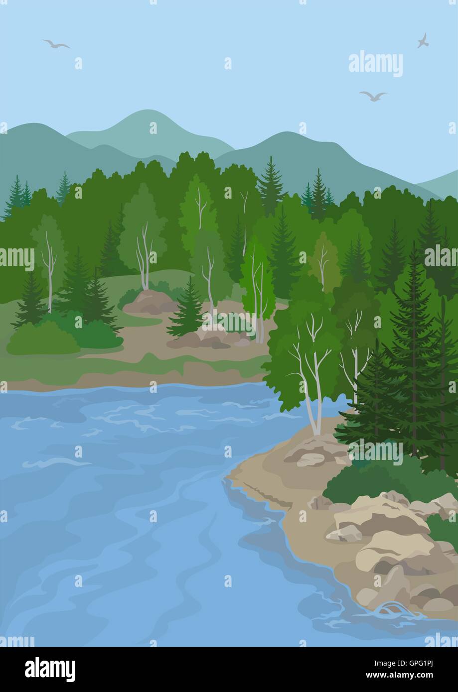 Landscape with Trees and Mountain Lake Stock Vector Image & Art - Alamy