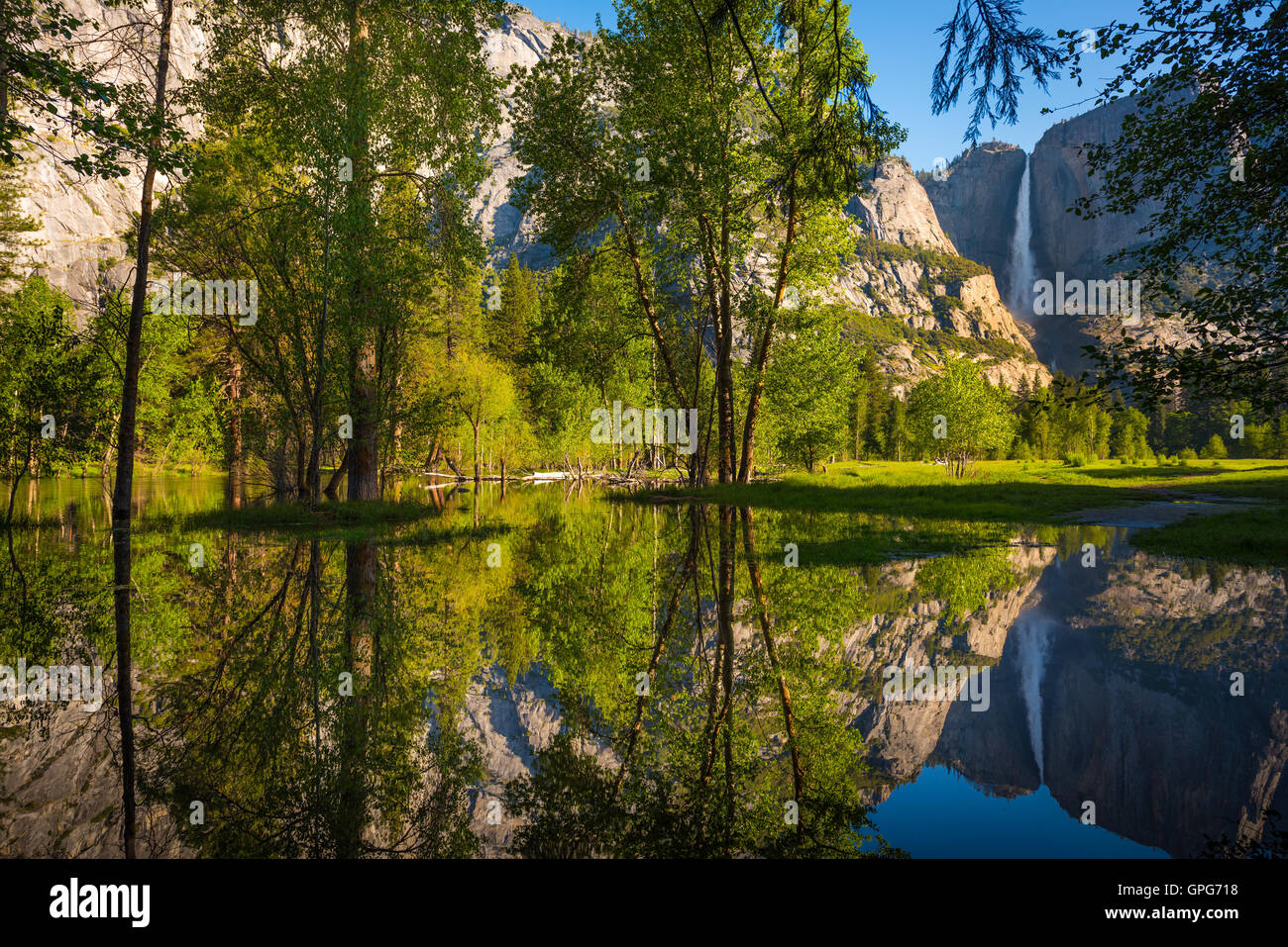 Yosemite Falls reflection in Merced River at Sunrise National Park, California Stock Photo