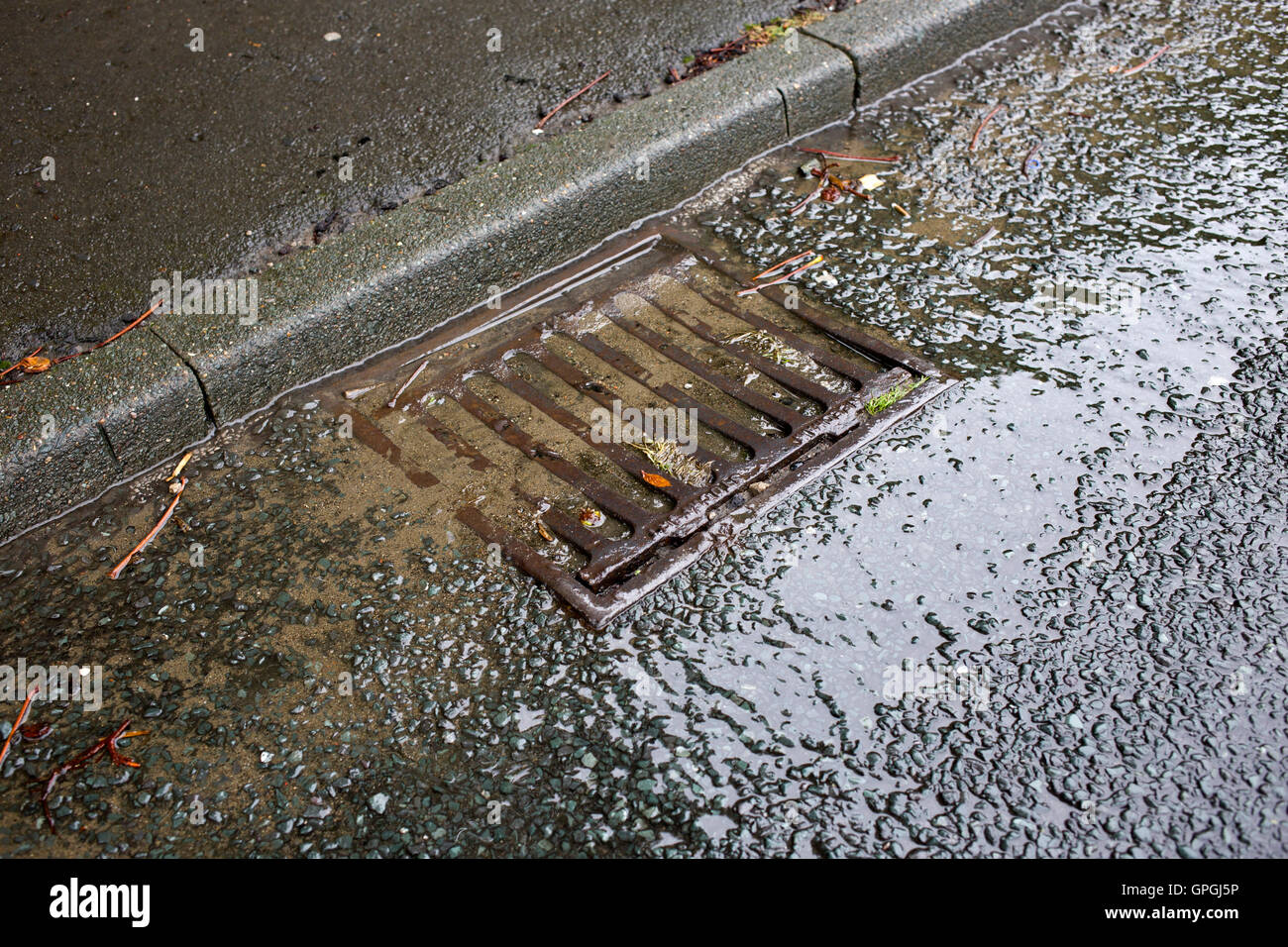 Drains blocked by leaves and mud and not cleaned out Stock Photo Alamy