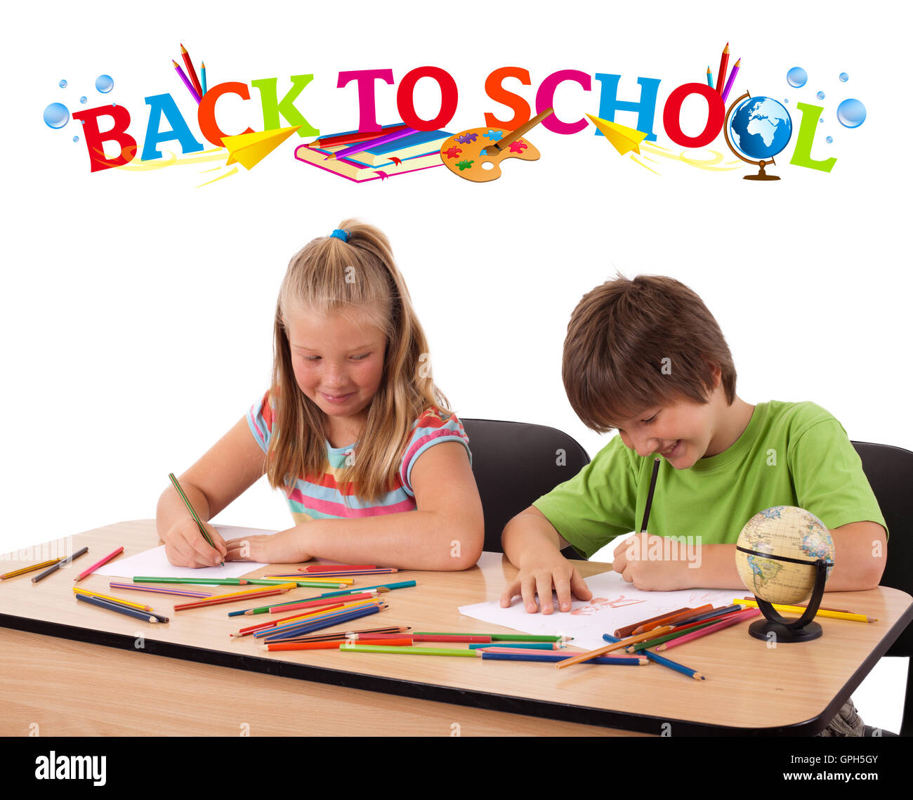 Kids with back to school theme isolated on white Stock Photo - Alamy