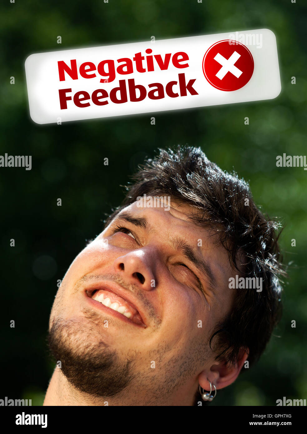 Young head looking at positive negative signs Stock Photo - Alamy