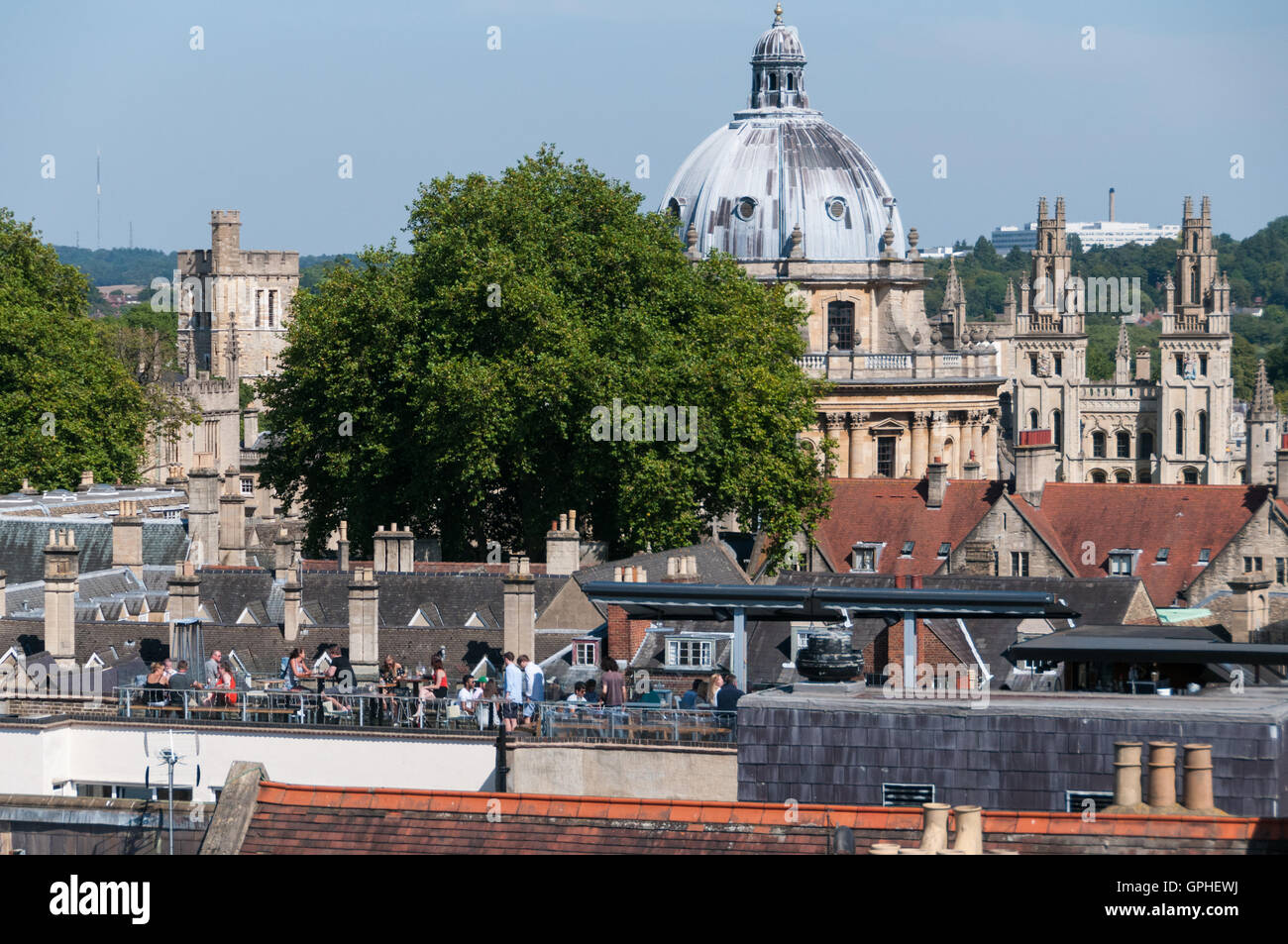 Rooftop terrace and the Radcliffe Camera, Oxford, United Kingdom Stock