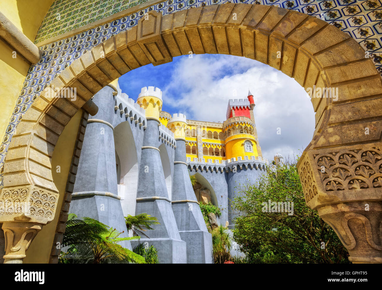 Pena palace, Sintra, Portugal, view through the entrance arch Stock Photo