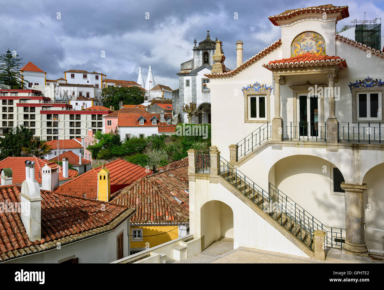 Sintra town, Portugal, the National Palace in background Stock Photo