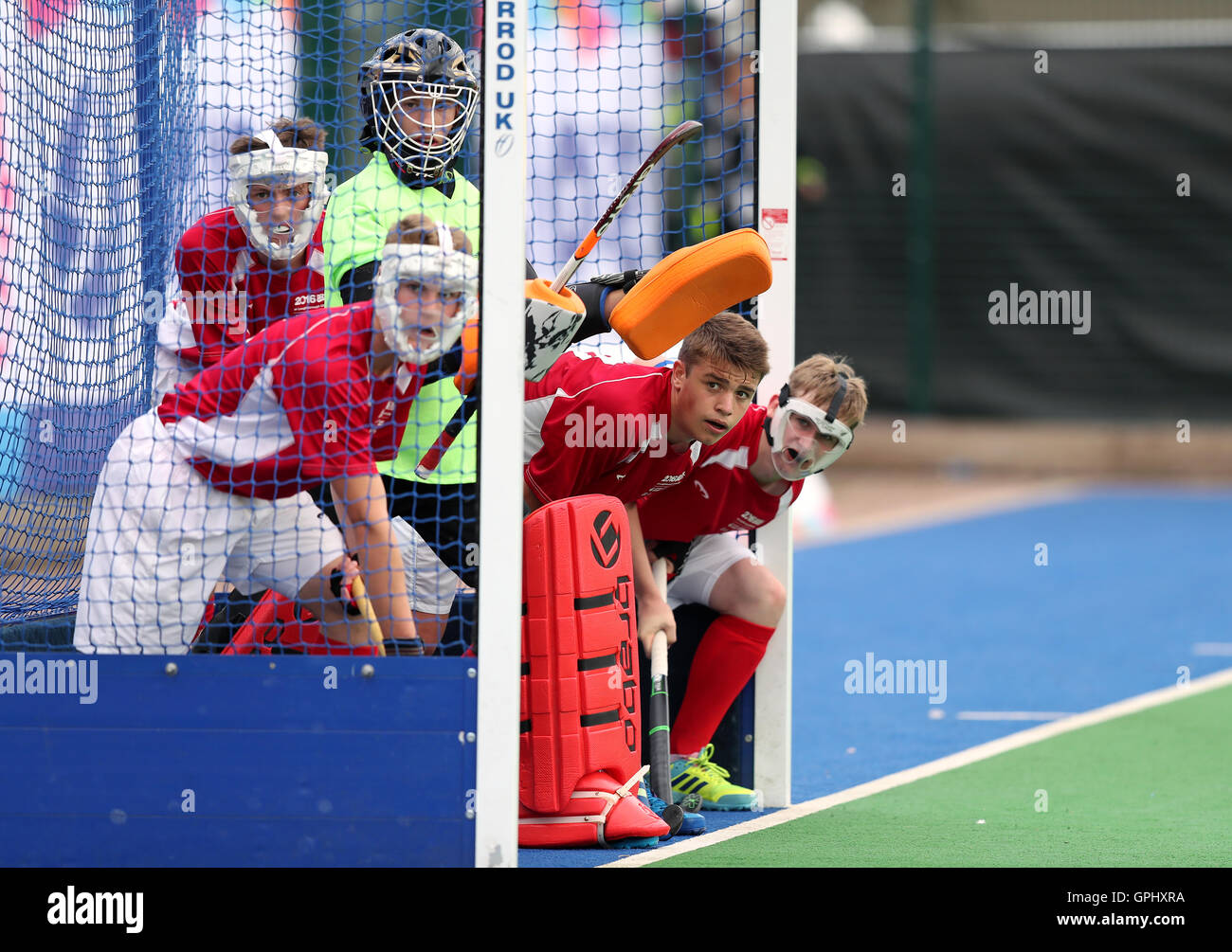 Ulster's players line up in the goal mouth to defend a penalty corner during the 3rd/4th place Boys Hockey Play Off match on day four of the 2016 School Games at Loughborough University. PRESS ASSOCIATION Photo. Picture date: Sunday September 4, 2016. Stock Photo