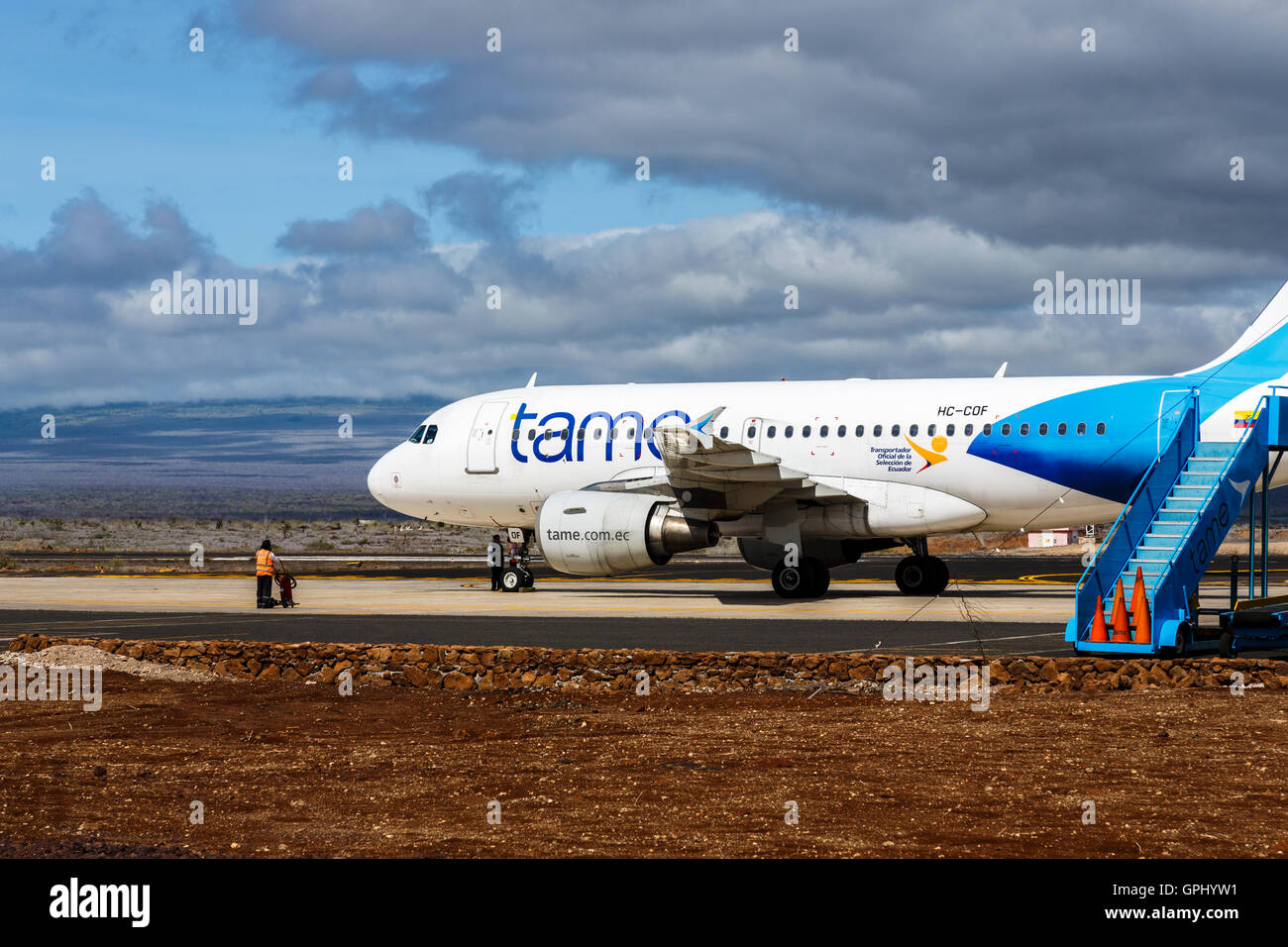 TAME airline A320 Airbus aeroplane on the runway at Baltra, Galapagos Islands, Ecuador, South America Stock Photo