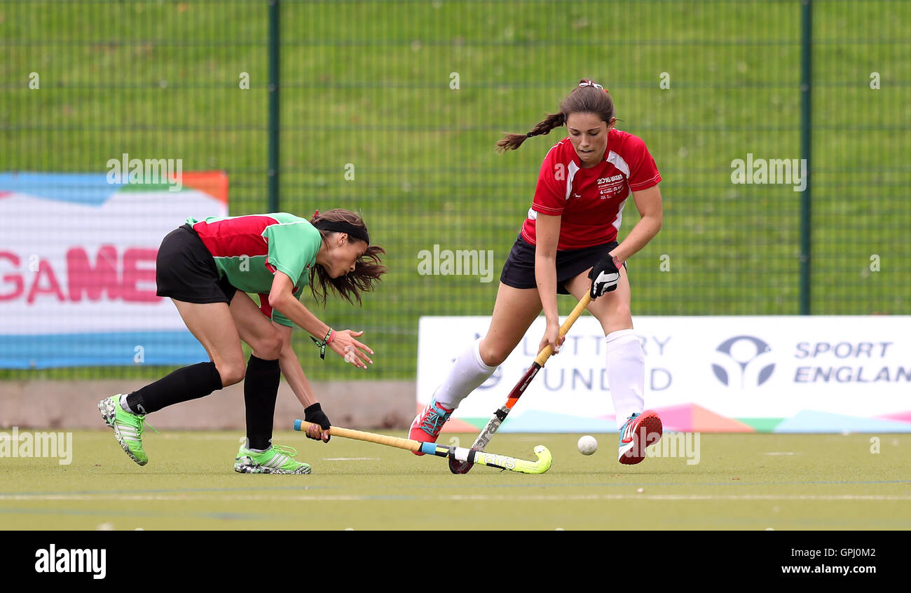 Wales' Beth Wood and Ulster's Sophie McDowell during the 3rd/4th place Girls Hockey Play Off match on day four of the 2016 School Games at Loughborough University. PRESS ASSOCIATION Photo. Picture date: Sunday September 4, 2016. Stock Photo