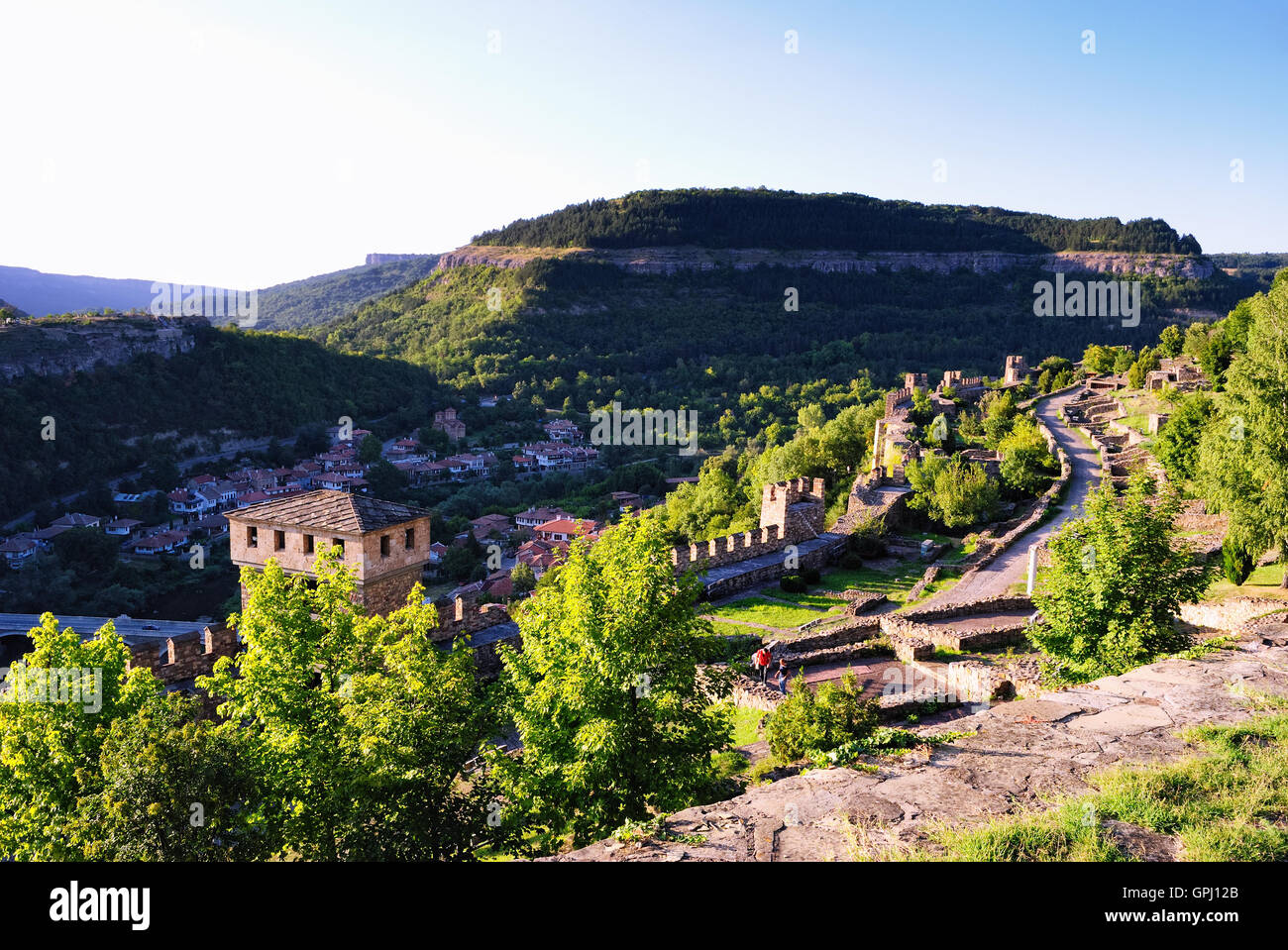 Veliko Tarnovo (Tyrnovo) - Ancient Bulgarian Capital. View from the Medieval Fortress Tsarevets. Town in the Background. Stock Photo