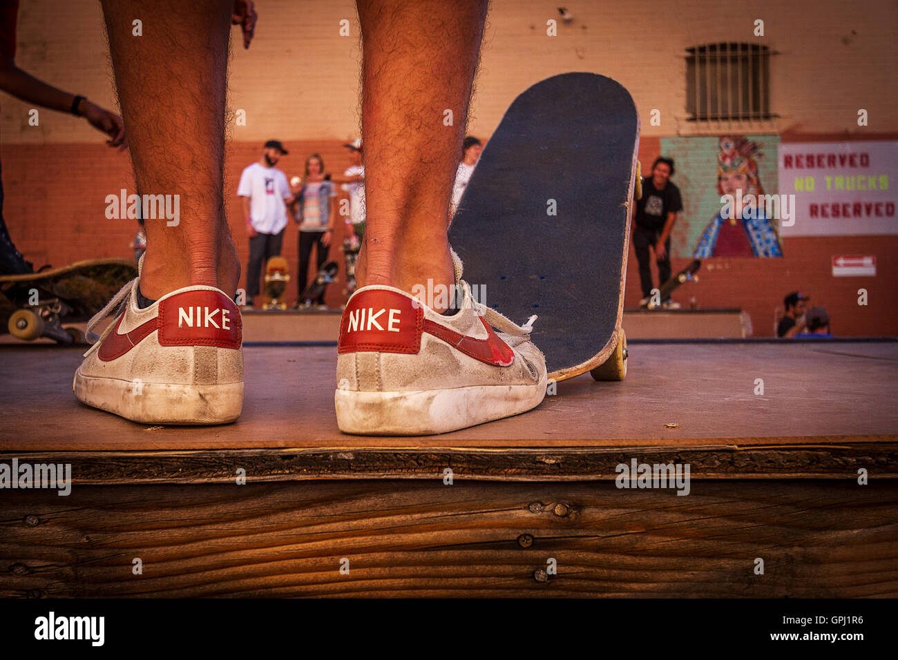 PHOENIX, AZ FEB 20 Well worn Nike skate shoes on the miniramp at