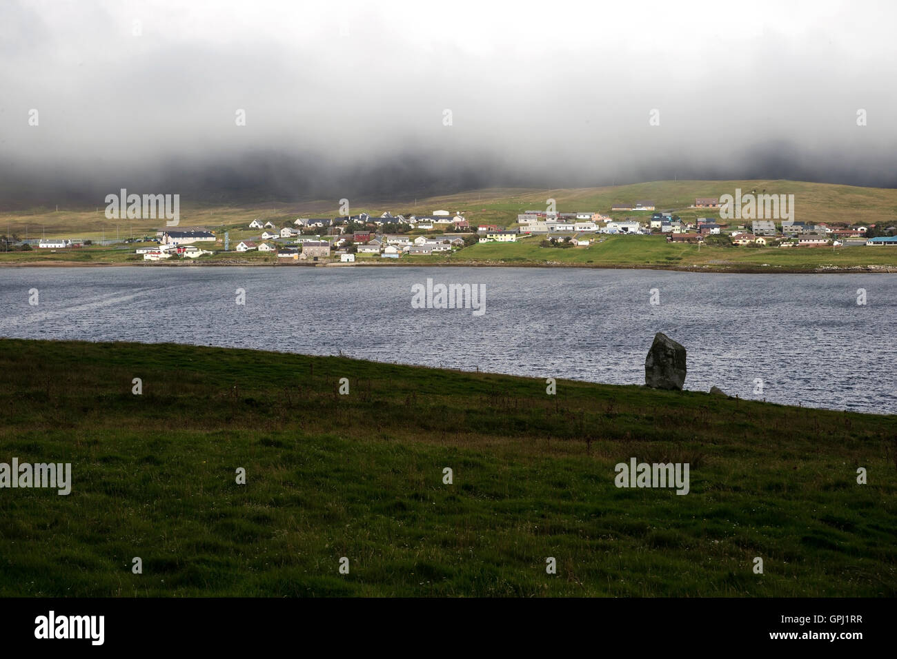 Town of Brae on the main Shetland Isles clothed in a heavy mist Stock Photo