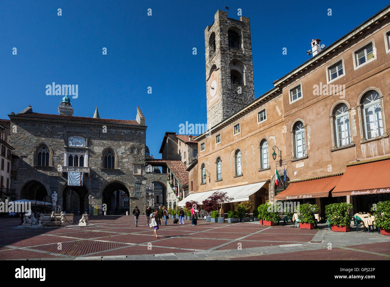 Piazza Vecchia in the Upper Town of Bergamo in Lombardia, Italy Stock Photo