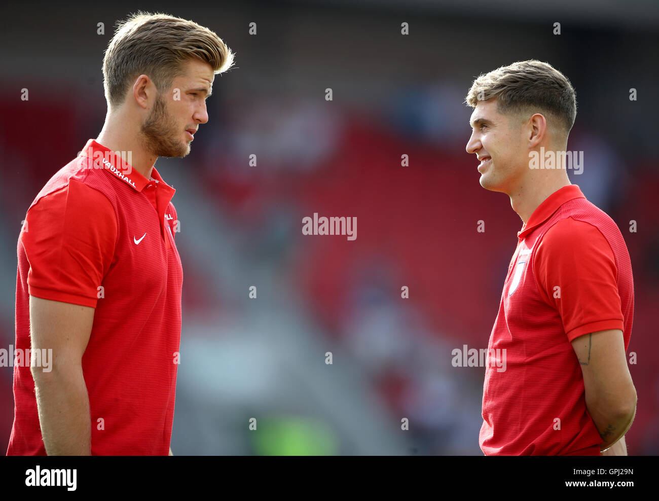 England's Eric Dier (left) and John Stones (right) on the pitch before the 2018 FIFA World Cup Qualifying match at the City Arena, Trnava. Stock Photo