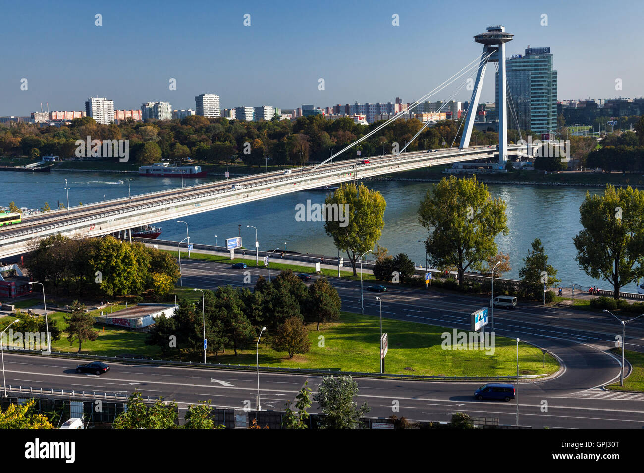UFO Bridge over river Danube in Bratislava Stock Photo
