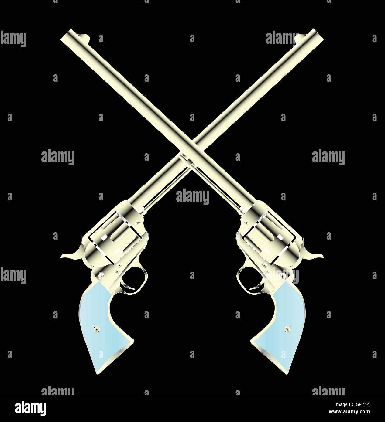 Two long barrel six guns crossed set on a color background Stock Vector