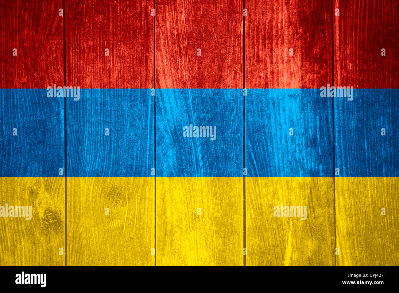 flag of Armenia or Armenian banner on wooden background Stock Photo