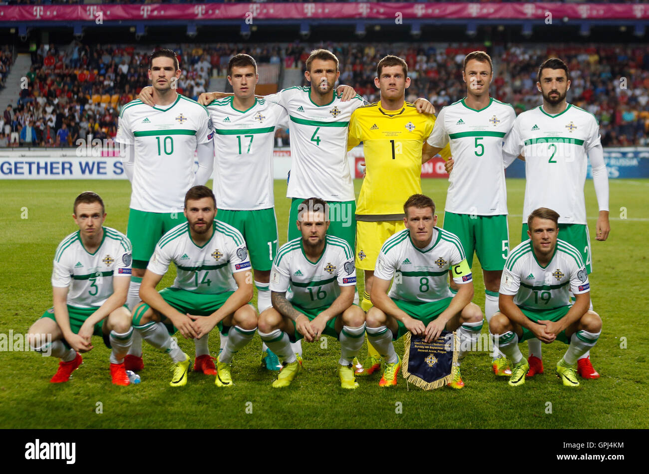 Northern Ireland team group (from left to right, top row) Kyle Lafferty, Paddy McNair, Gareth McAuley, goalkeeper Michael McGovern, Jonny Evans, Conor McLaughlin (bottom row) Shane Ferguson, Stuart Dallas, Oliver Norwood, Steven Davis and Jamie Ward during the 2018 FIFA World Cup Qualifying match at the Generali Arena, Prague. Stock Photo