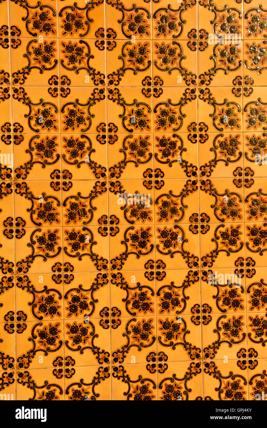 Close up detail of traditional ceramic tiles on wall of Portuguese house, Barranco do Velho, Algarve, south Portugal Stock Photo