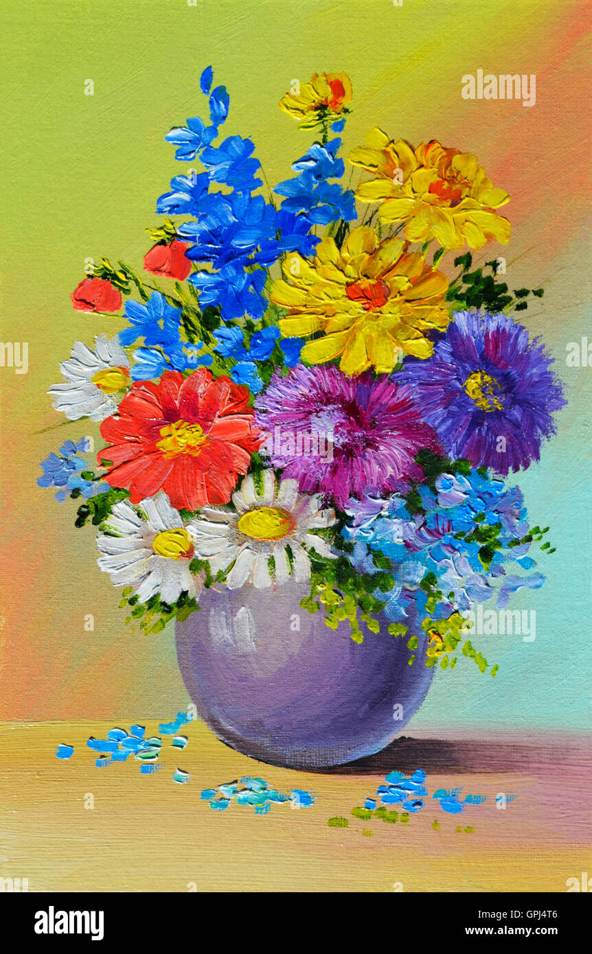 Oil Painting still life, a bouquet of flowers, colorful, color Stock