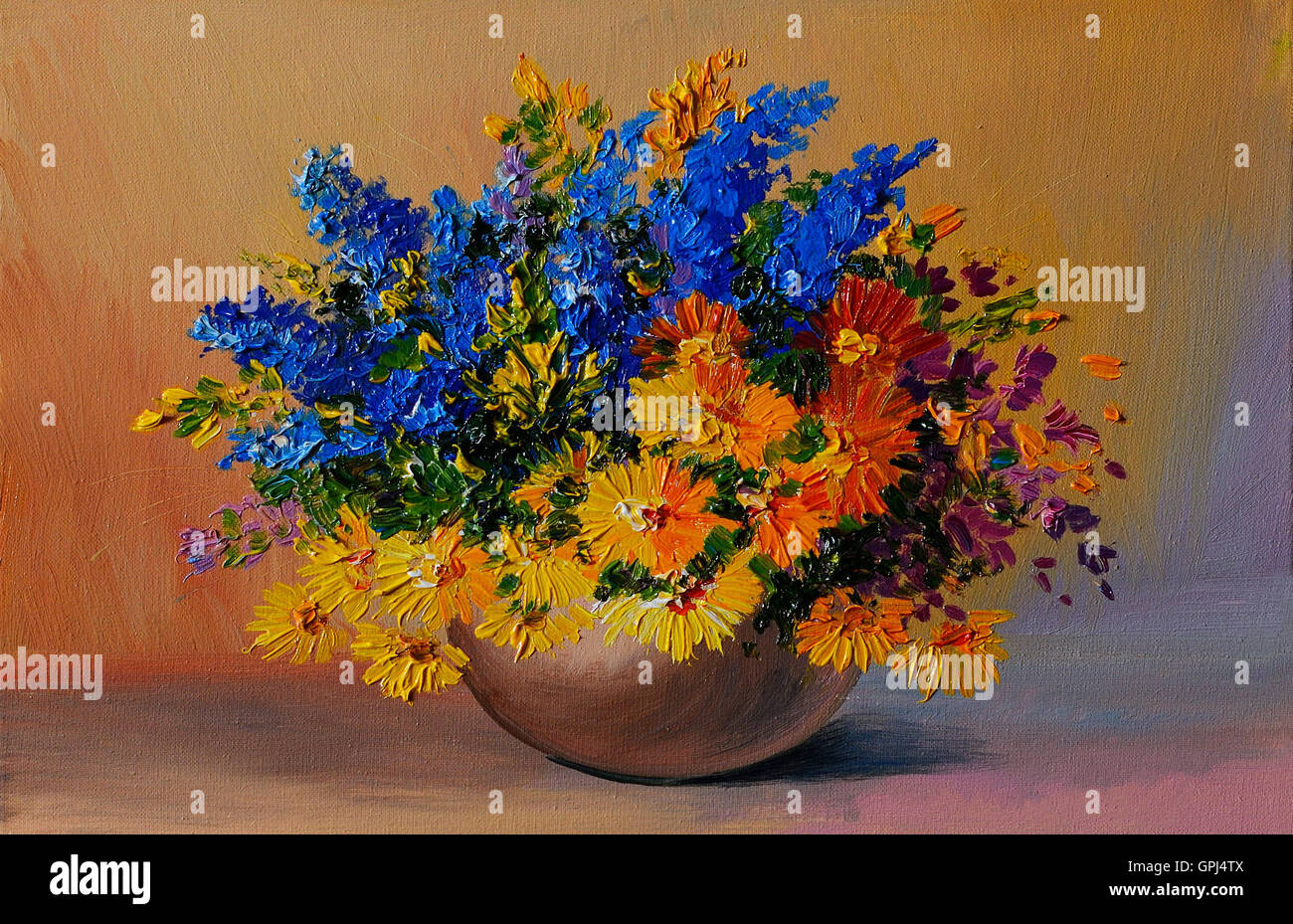 Oil Painting - colorful bouquet of yellow and blue flowers on the table in a vase, on a background of yellow wall, in the style Stock Photo