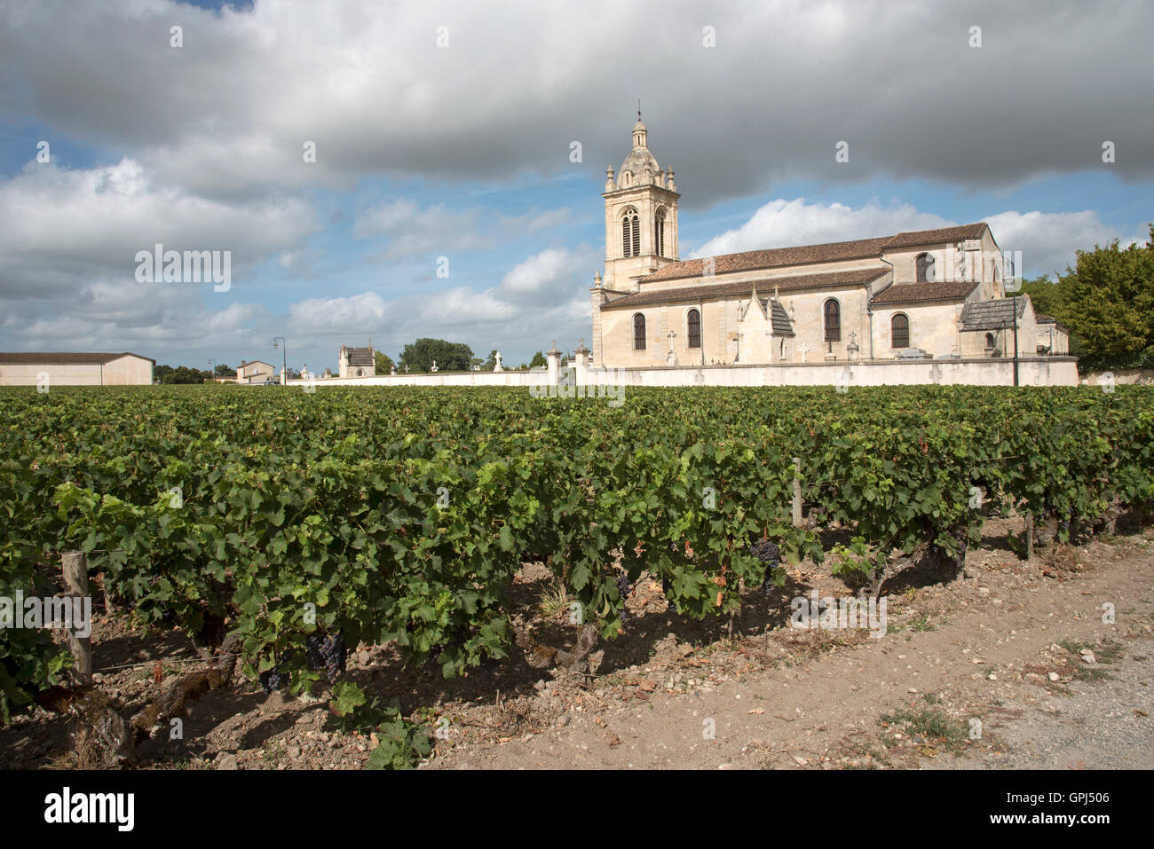 Margaux France - Surrounded with vines the historic Church of Margaux in the Medoc region of Bordeaux France Stock Photo