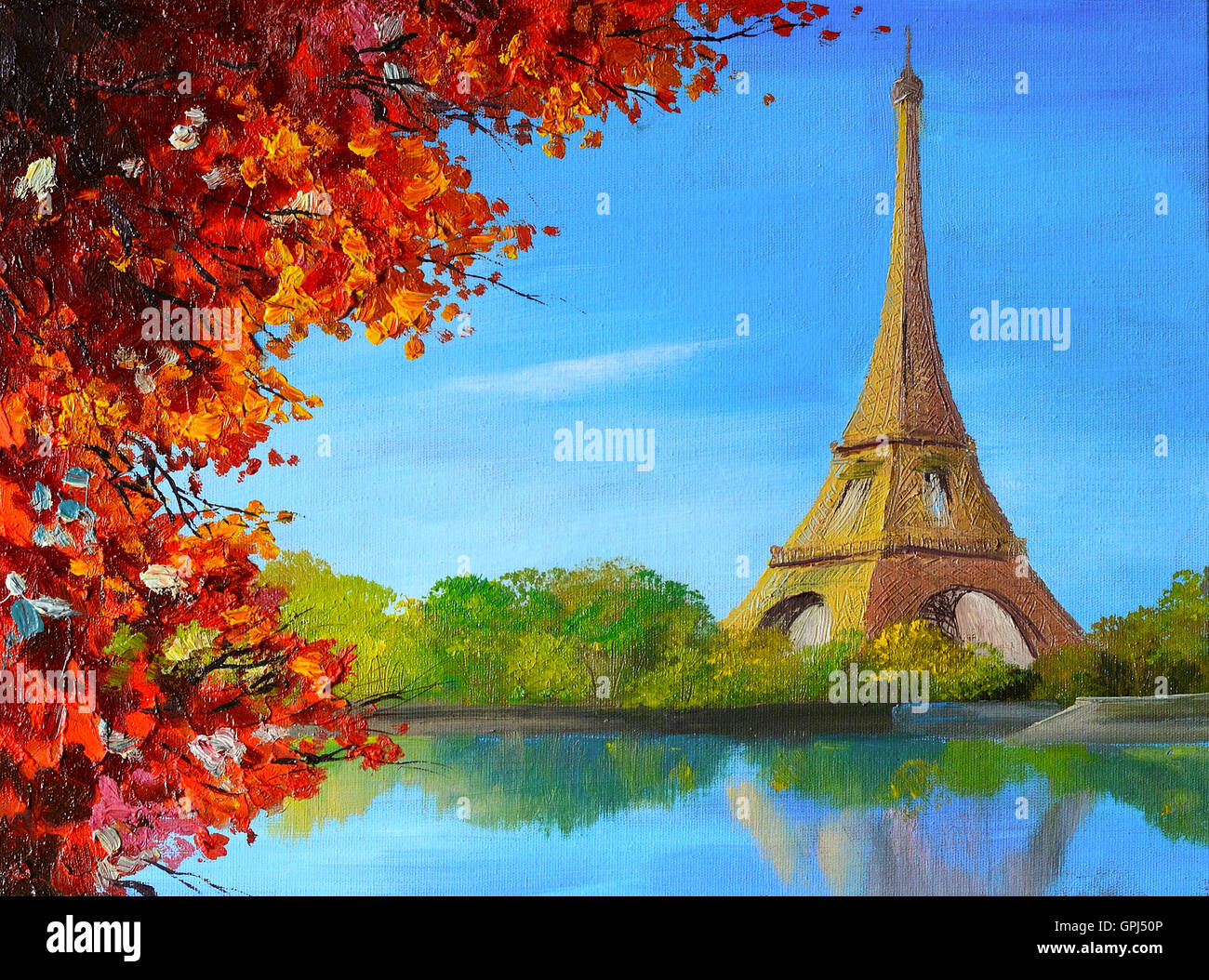 oil painting - lake near the Eiffel Tower Stock Photo