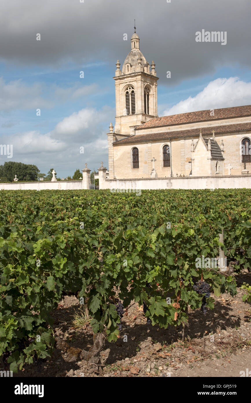 Margaux France - Surrounded with vines the historic Church of Margaux in the Medoc region of Bordeaux France Stock Photo