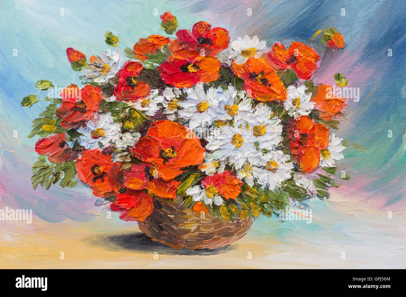 Oil painting still life, abstract watercolor bouquet of poppies and