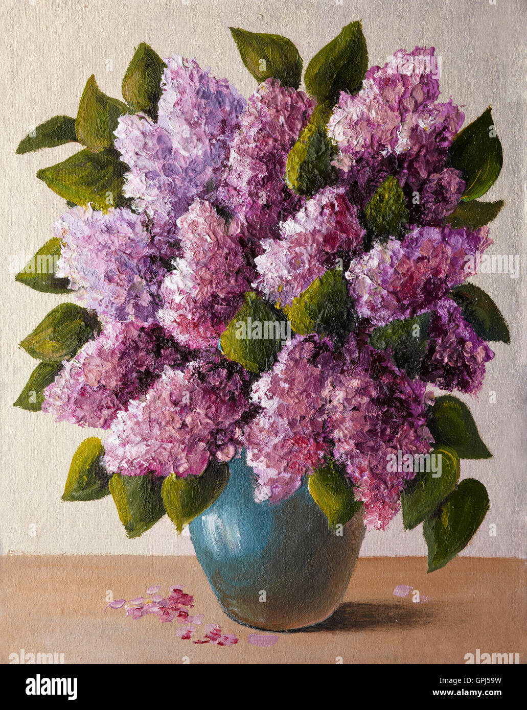 oil painting on canvas - a bouquet of lilacs,  vase, wallpaper Stock Photo