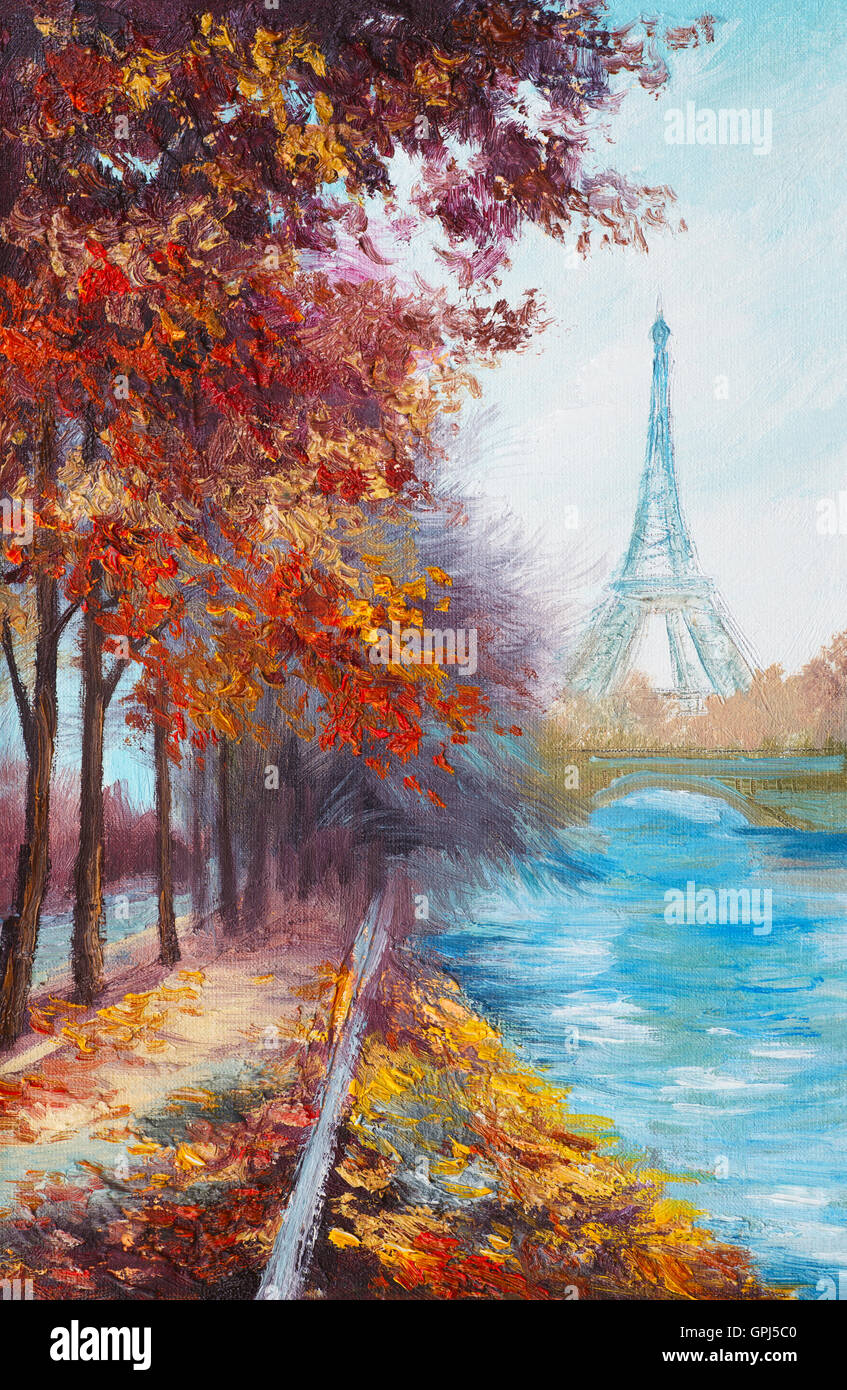 Oil painting of Eiffel Tower, France, autumn landscape Stock Photo