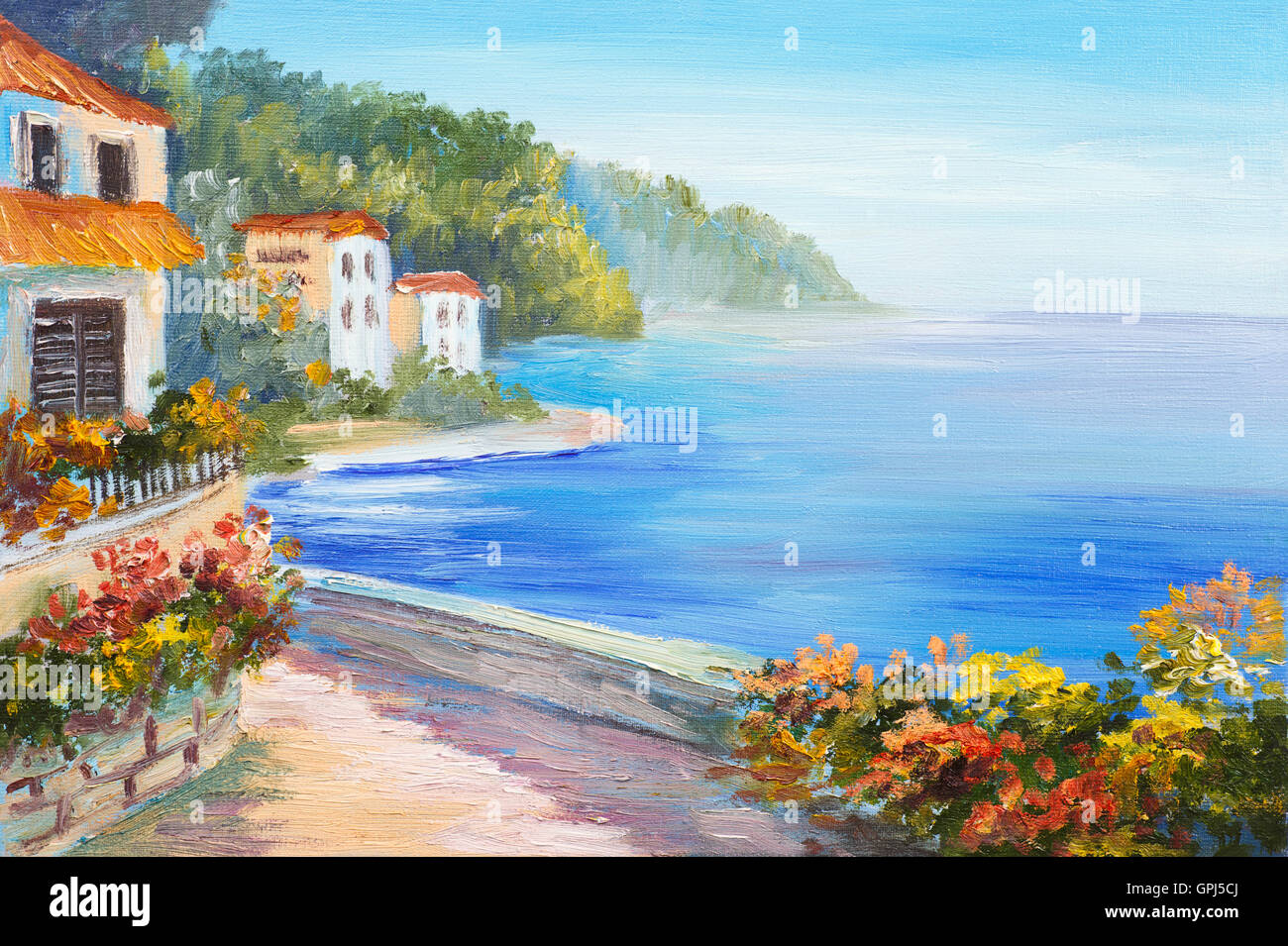 Oil Painting On Canvas Of A Beautiful Houses Near The Sea, Abstract Drawing  Stock Photo Alamy