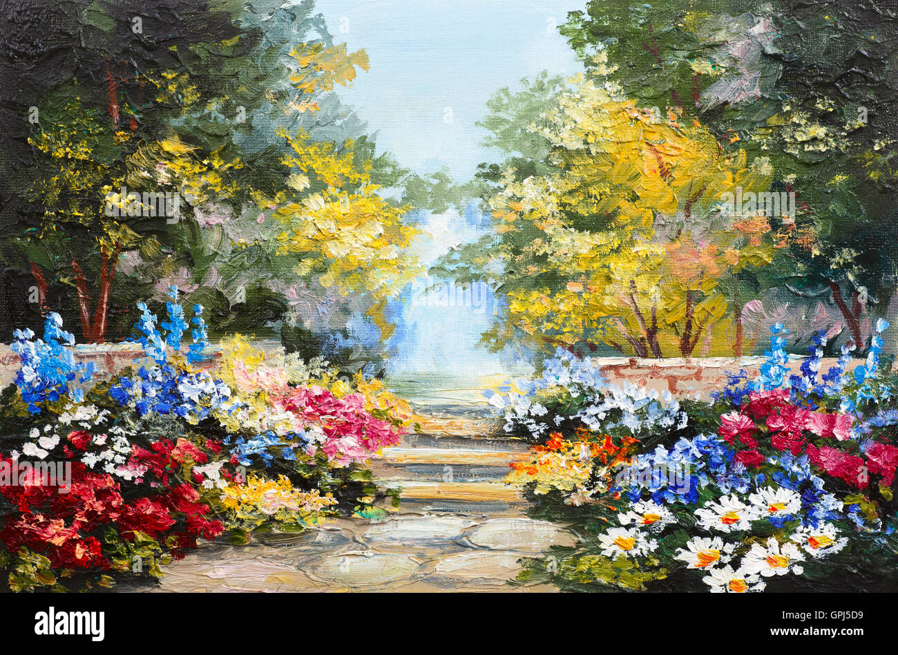 Oil painting landscape - colorful summer forest, beautiful flowers