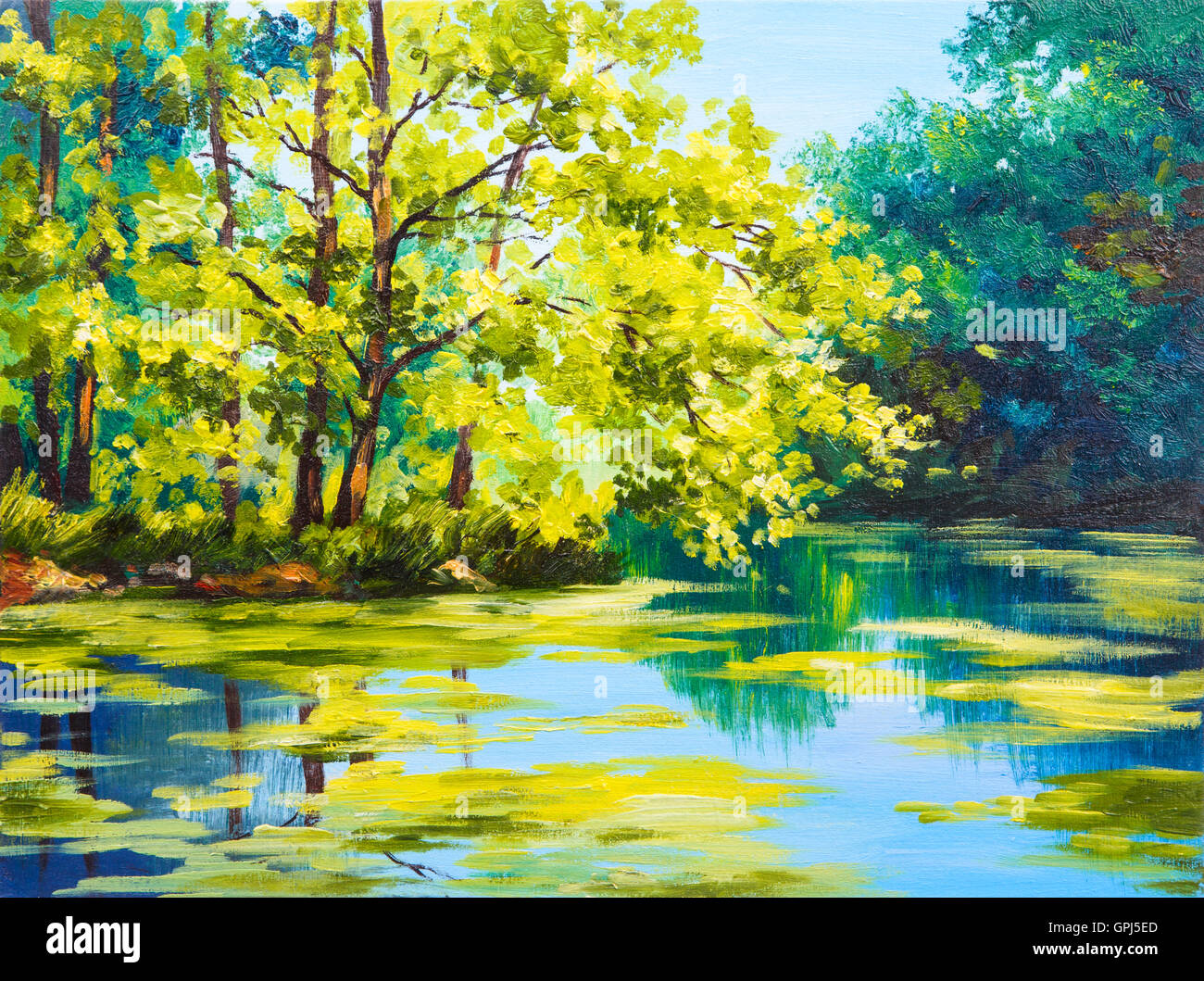 Oil painting landscape - lake in the forest, summer day Stock Photo - Alamy