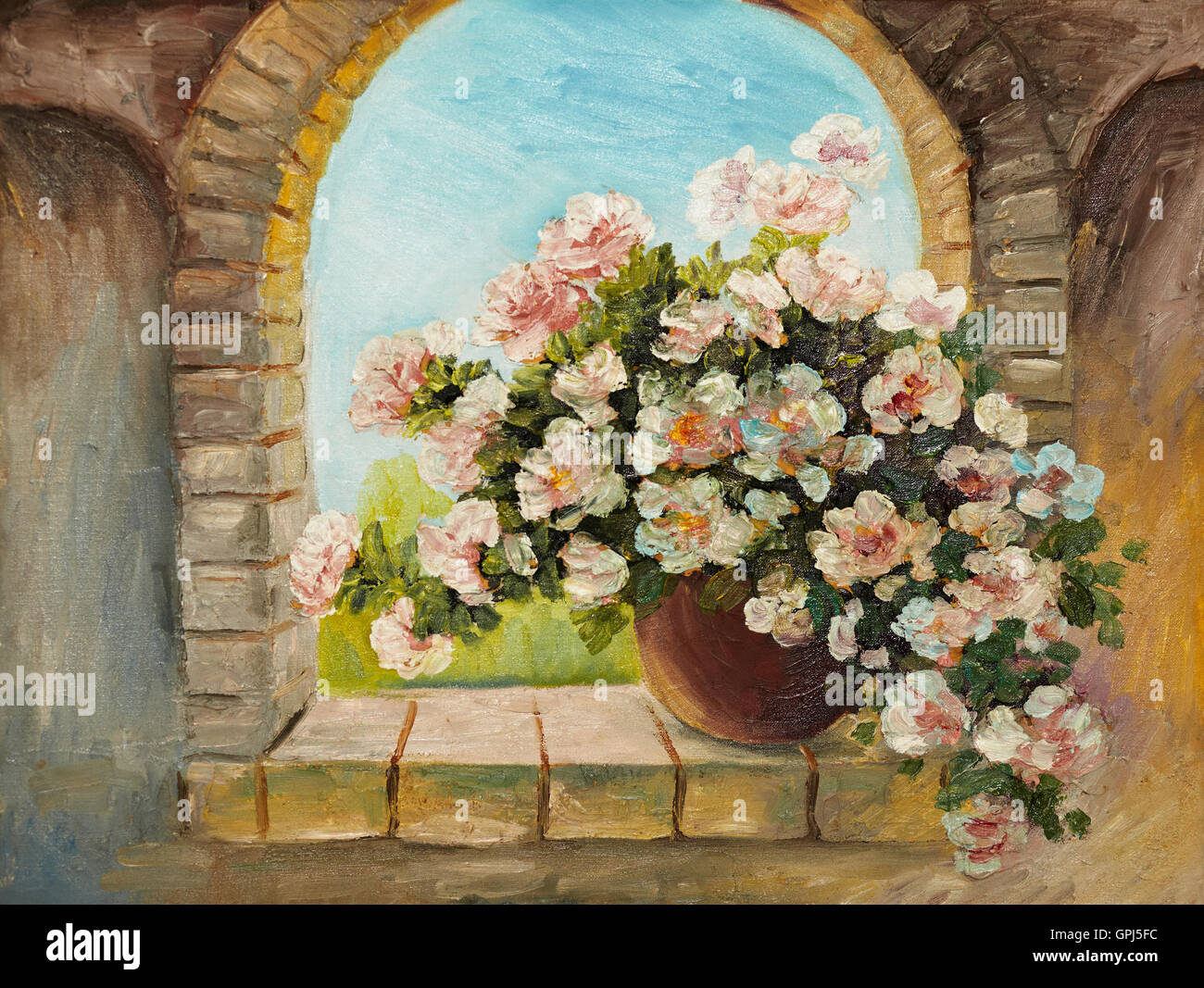 Oil Painting Bouquet Of Flowers On A Stone Sill Abstract