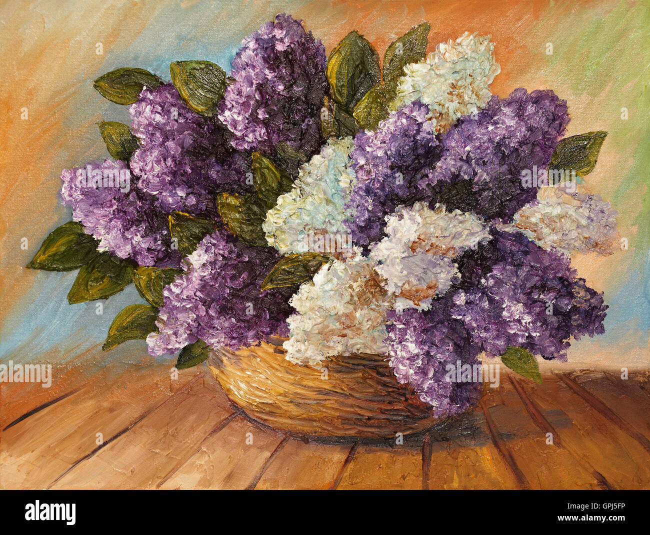 oil painting on canvas, beautiful bouquet of lilacs on a wooden table on abstract background, vase, wallpaper Stock Photo