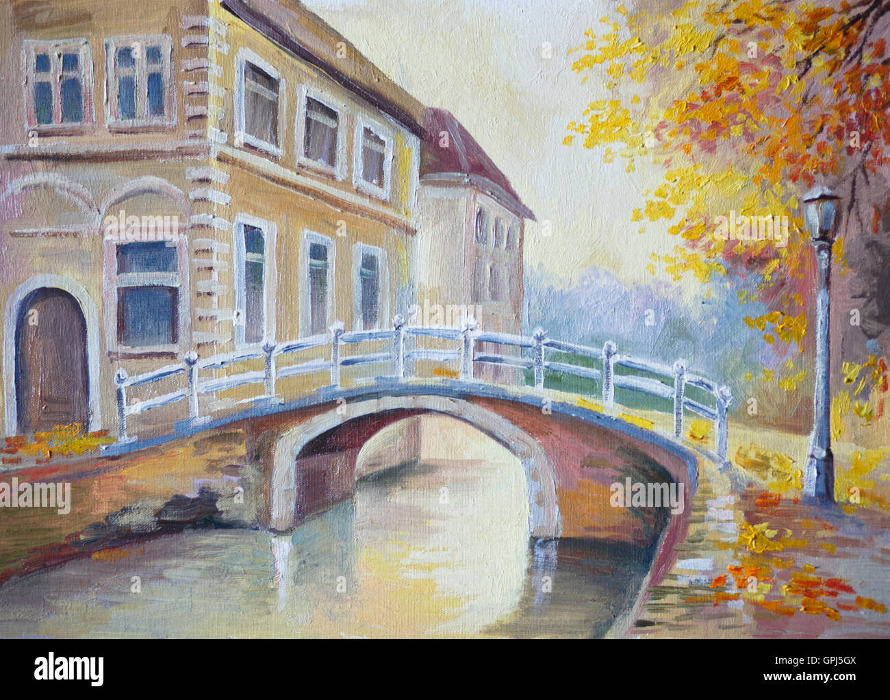 Oil painting on canvas bridge over the river in the old Europe, italian town Stock Photo Alamy