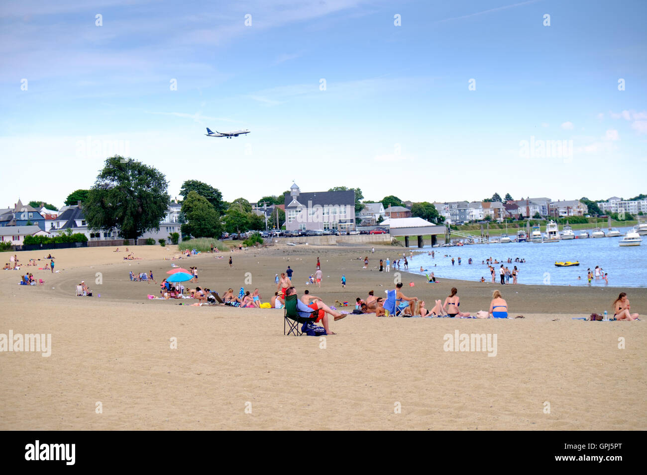 Jet flying over Constitution Beach in Orient Heights and about to land
