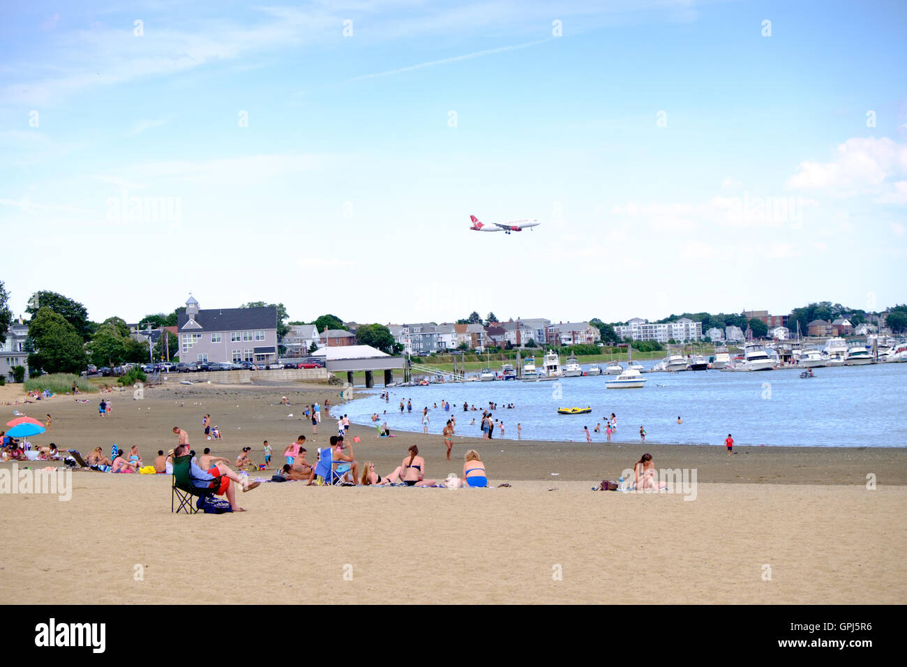 Virgin America jet flying over Constitution Beach in Orient Heights and