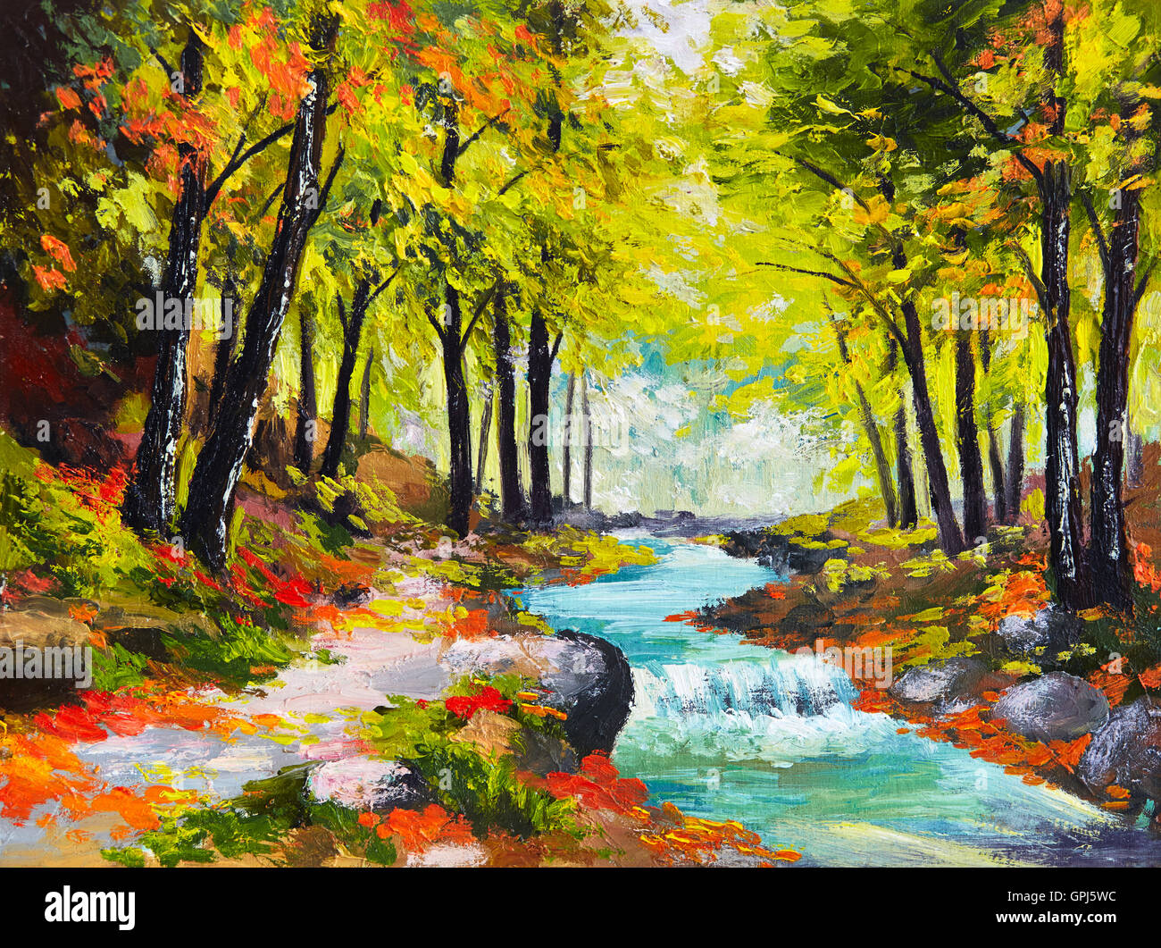 Landscape Oil Painting River In Autumn Forest Stock Photo Alamy