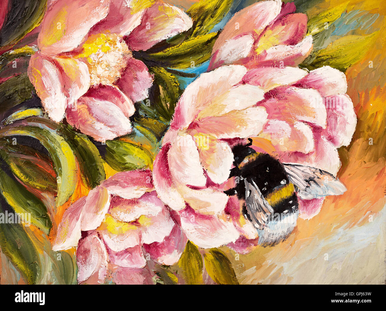 Oil Painting - bee sitting on a flower, spring, flowers,tree, brush; color Stock Photo