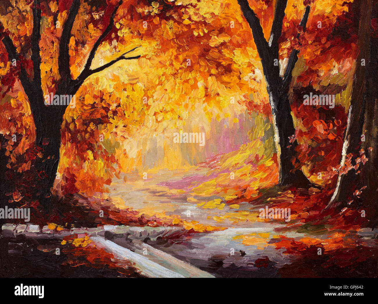oil painting autumn forest bright leaves wallpaper tree stock